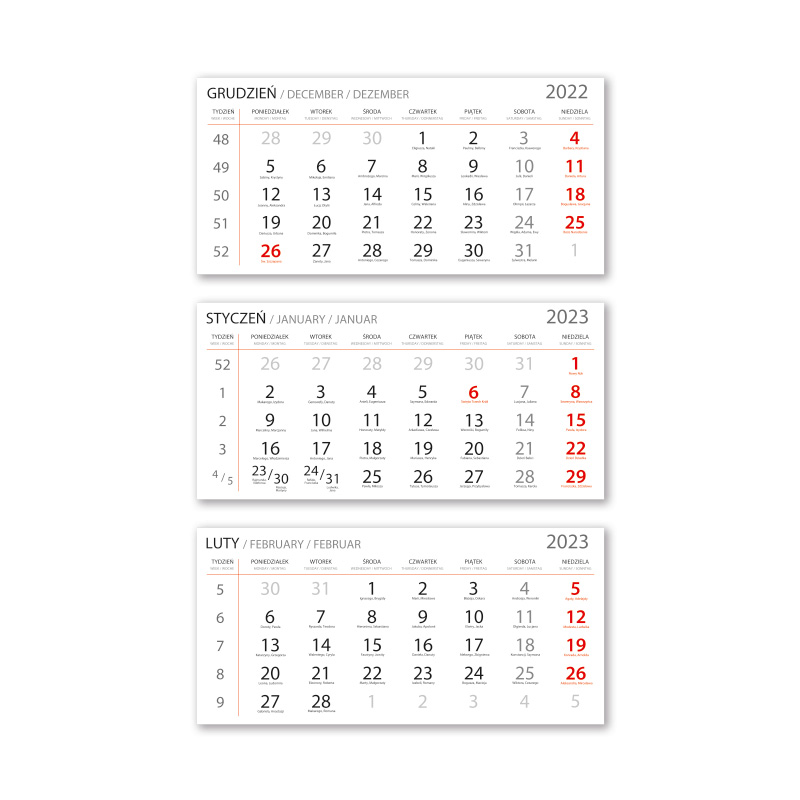 Kalendarze trójdzielne: standardowy, ekonomiczny i ekskluzywny