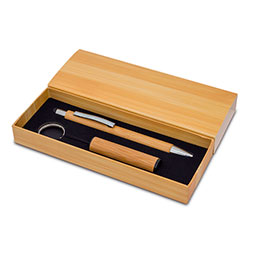 Długopis bambusowy i latarka w pudełku Pelak, beżowy