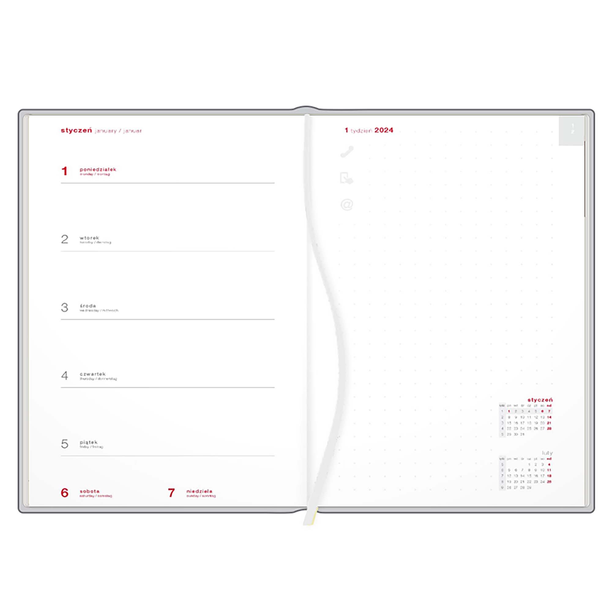 Kalendarz książkowy A4 tygodniowy z notesem, Turyn, biały