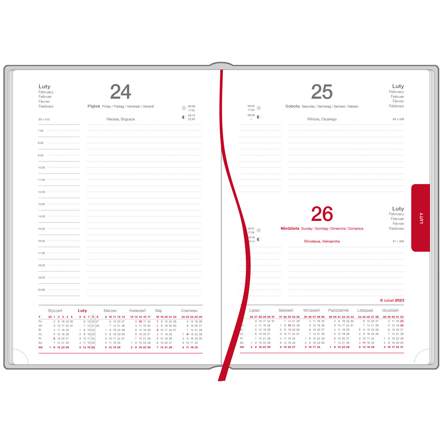 Kalendarz książkowy A5 dzienny, Valetta, szaro-czerwony